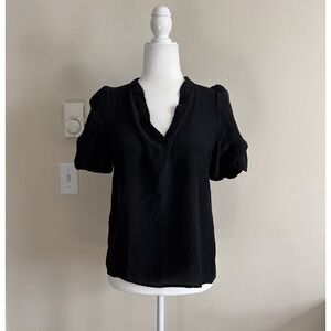 Anthropologie Sparkle and Fade SILK Top V Neck Puff Sleeve Minimalist Neutral